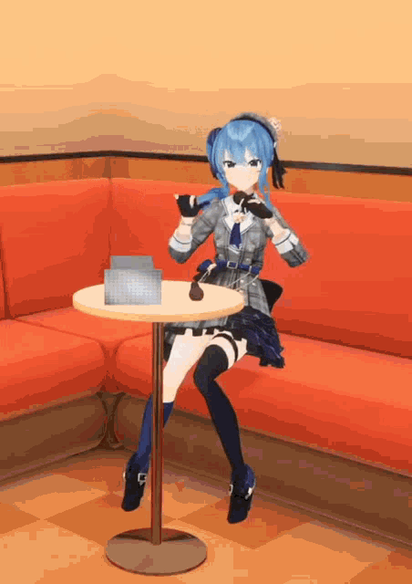 a blue haired anime girl is sitting at a table with a microphone