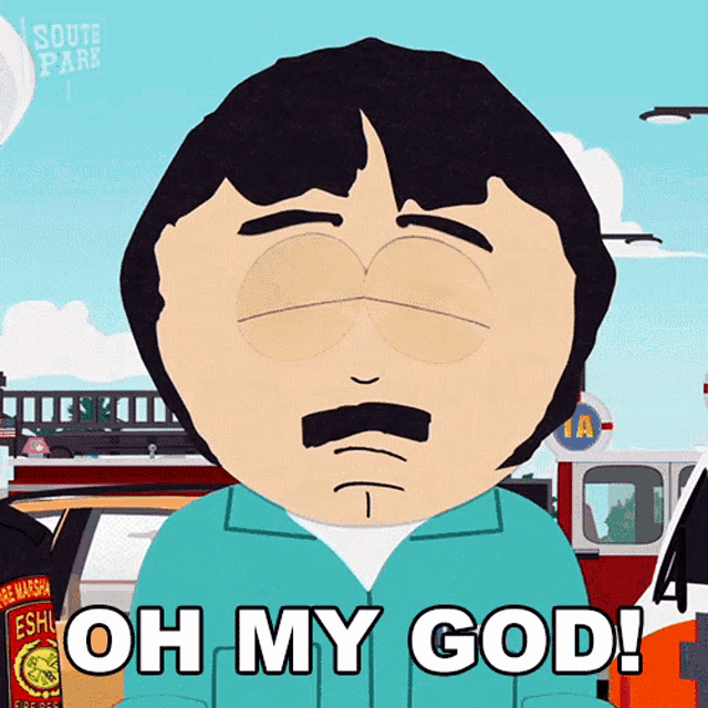 a south park character says oh my god in front of a fire truck