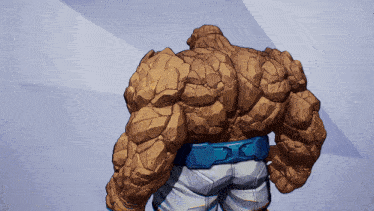 the back of a cartoon character with a blue belt