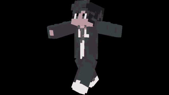 a minecraft character is walking on a black background and has a red tie .