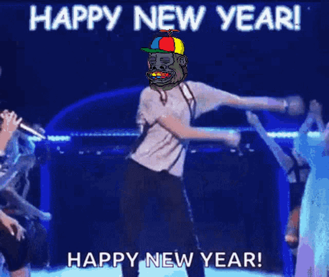 a happy new year greeting with a gorilla on top