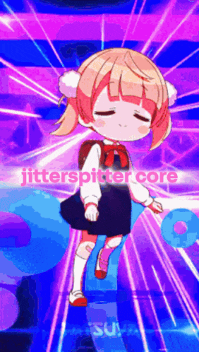 a girl in a school uniform with jitterspitter core written in red