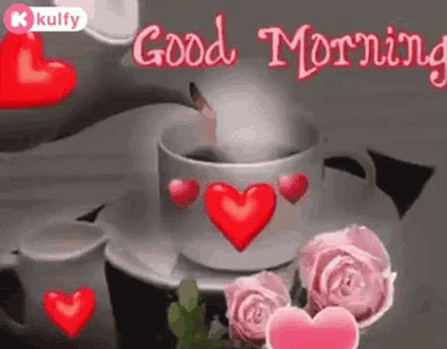 a cup of coffee is being poured into a cup with hearts on it .
