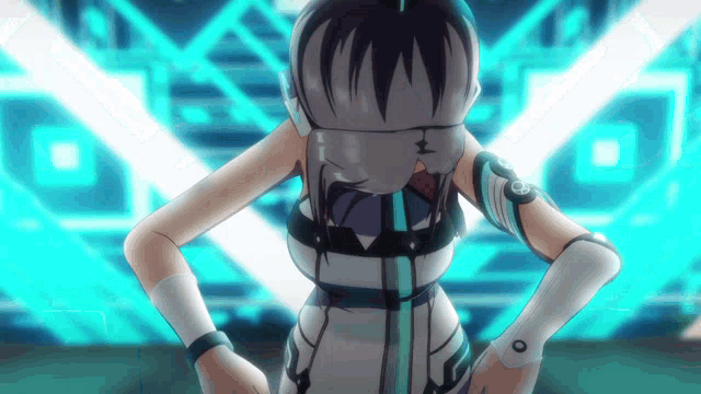 a girl in a futuristic outfit is standing with her hands on her hips in front of a blue background .