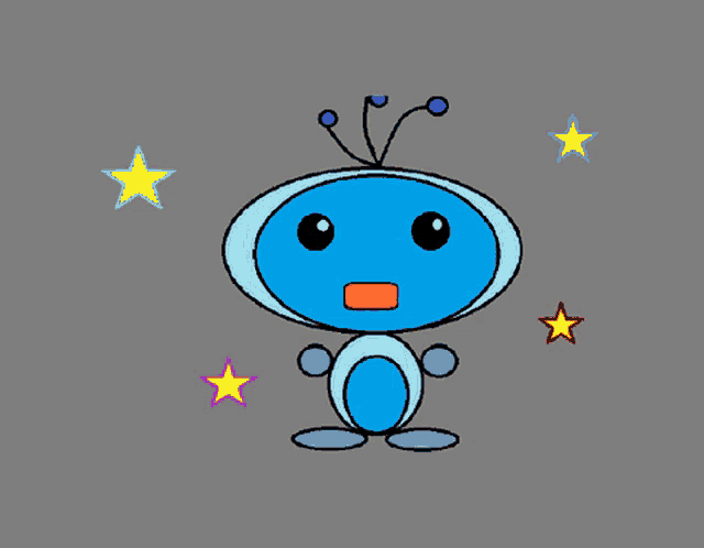 a cartoon drawing of a blue alien with stars around him