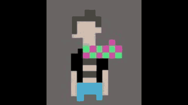 a pixel art of a man wearing a striped shirt and scarf .
