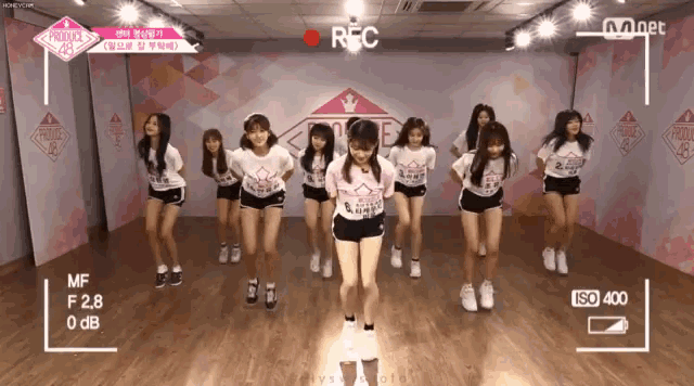 a group of girls are dancing in front of a mnet recorder
