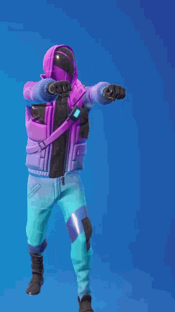 a person wearing a purple shirt with a shield on the back