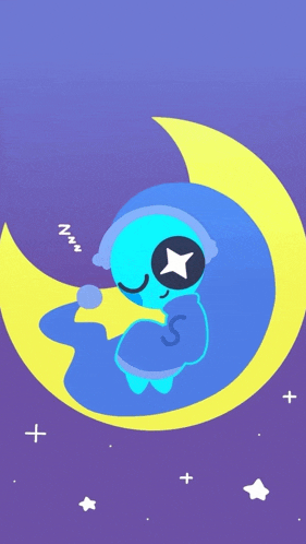 a cartoon character sleeping on a crescent moon