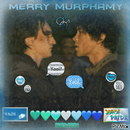 a merry murphy poster with two men and hearts