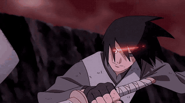 a man with red eyes is holding a sword in his hand