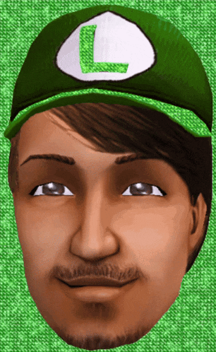 a man wearing a green hat with a white letter l on it