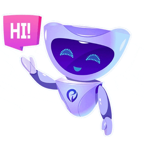 a robot with a speech bubble saying hi