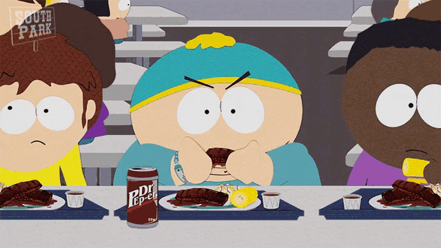 a cartoon character from south park eating a steak