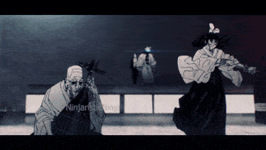 a black and white drawing of two ninjas with the word ninja on the bottom left