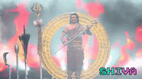 a man is standing in front of a circle with the word shiva on the bottom
