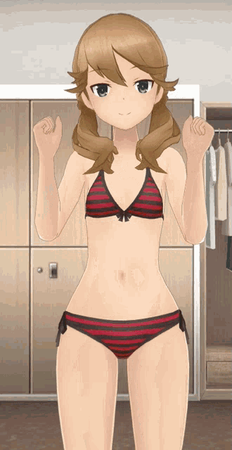 a girl in a red and black striped bikini stands in front of lockers