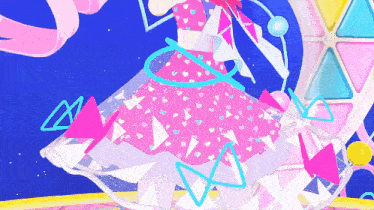 a drawing of a girl in a pink dress with hearts and triangles