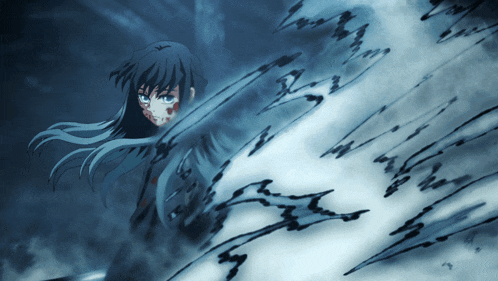 a drawing of a girl with long blue hair and a sword