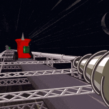a computer generated image of a roller coaster with a red tower in the middle