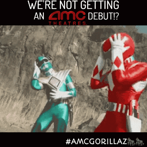 an advertisement for amc theatres shows two power rangers standing next to each other