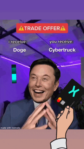 elon musk is smiling while holding a credit card that says cybertruck