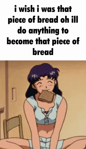 a cartoon girl is eating a piece of bread