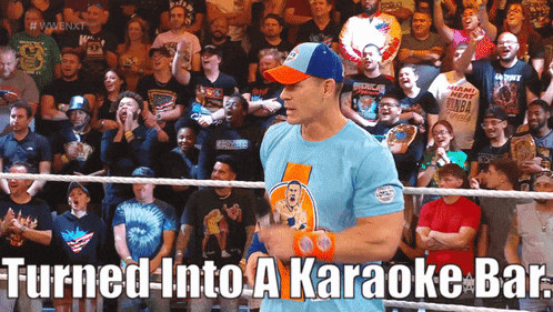 a man in a wrestling ring with the words turned into a karaoke bar above him