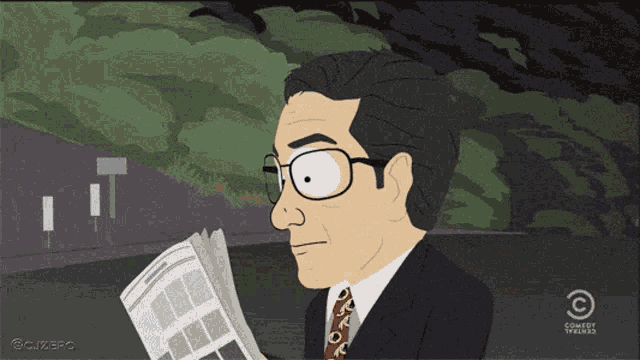 a cartoon of a man reading a newspaper with a comedy central logo in the corner