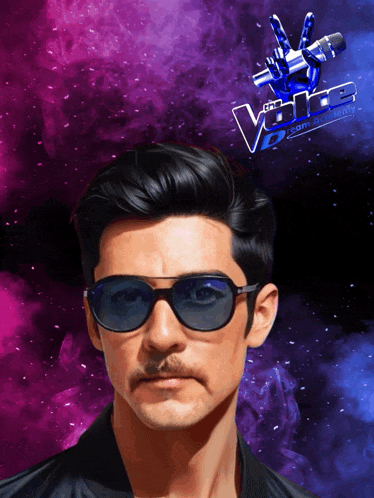 a man wearing sunglasses stands in front of a sign that says the voice academy