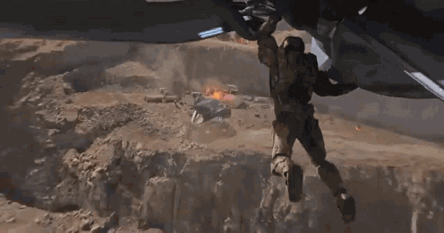 a man is flying through the air in a video game while a helicopter is flying in the background .