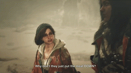 a woman is talking to a man in a video game and says why don 't they just put the meat down .