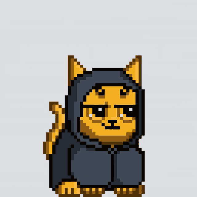 pixel art of a dog wearing a black hoodie