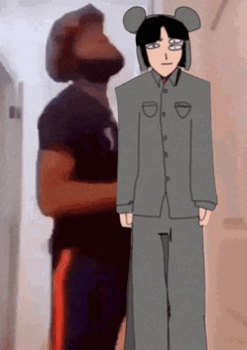 a drawing of a man wearing a mouse ear hat and a suit