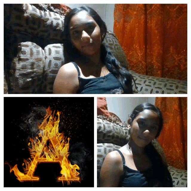 a woman is sitting on a couch with a picture of a letter a on fire