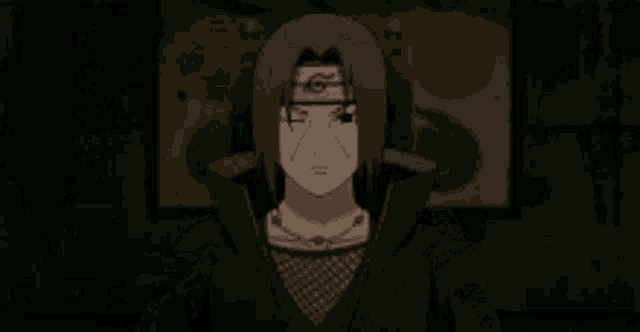 itachi uchiha is holding his finger to his mouth .