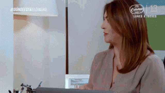 a woman is sitting at a desk with a laptop and a sign that says catalina