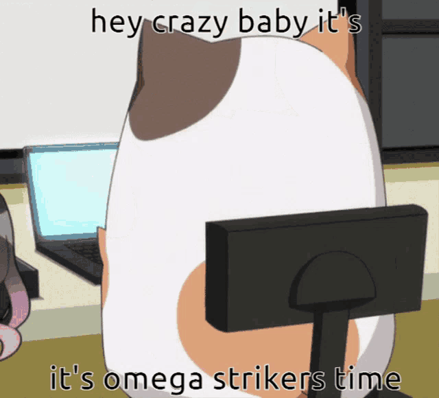 a cartoon cat is sitting in front of a computer monitor and says hey crazy baby