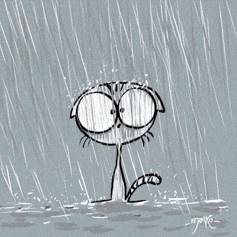 a black and white drawing of a cat in the rain with the name marco written on the bottom