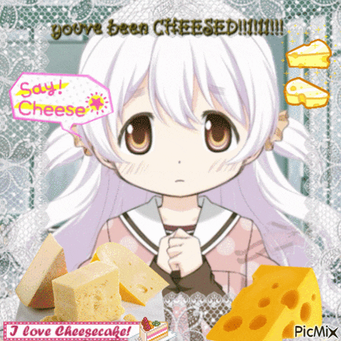 a picture of a girl with a speech bubble saying " say cheese "