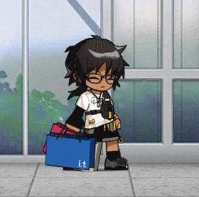 a cartoon character is carrying a blue bag that says it on it