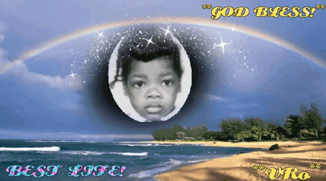 a picture of a child with a rainbow and the words god bless