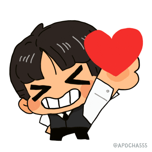a cartoon of a man holding a red heart with the hashtag apocha555