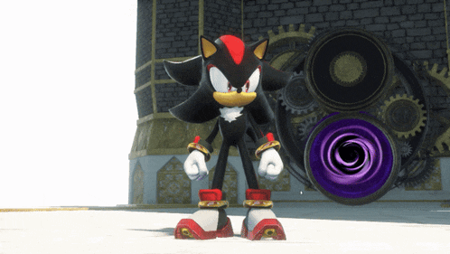 shadow the hedgehog is standing in front of a brick building and gears