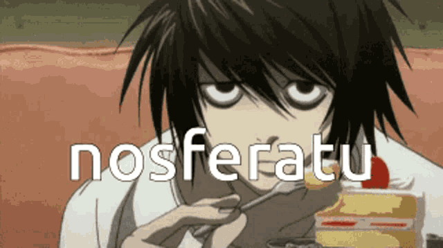 a cartoon character eating a piece of cake with the word nosferatu written on the bottom