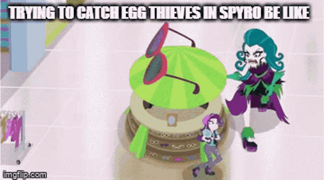 a cartoon of a woman trying to catch egg thieves