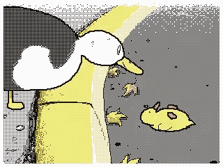 a pixel art illustration of a duck standing next to a yellow duck .