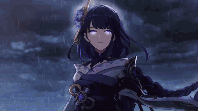 a girl in a kimono is standing in front of a lightning bolt