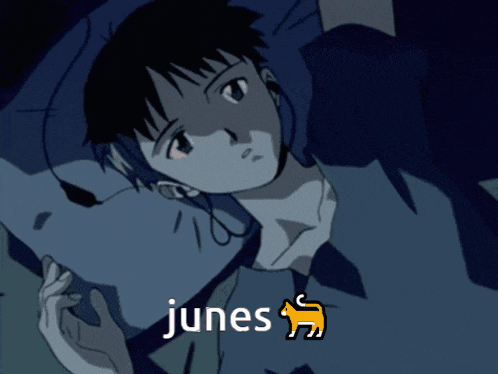 a cartoon of a man laying on a bed with the word junes written below him