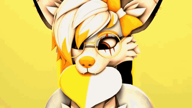 a furry fox with glasses and a bow on its head